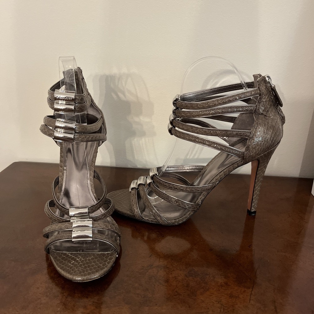 Coach Lanice High Heels 9 Snakeskin Embossed Strappy Sandals Zip Back Taupe Gray